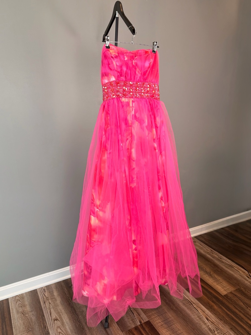 Vintage Deb Girls Pink Floral Tulle Beaded Strapless Formal Prom Dress 5/6 Y2K